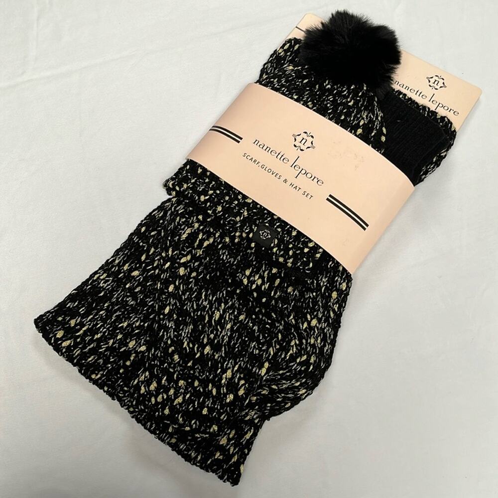Nanette Lepore Scarf Gloves Hat Set of 3 Pieces Black Gold Silver Metallic
